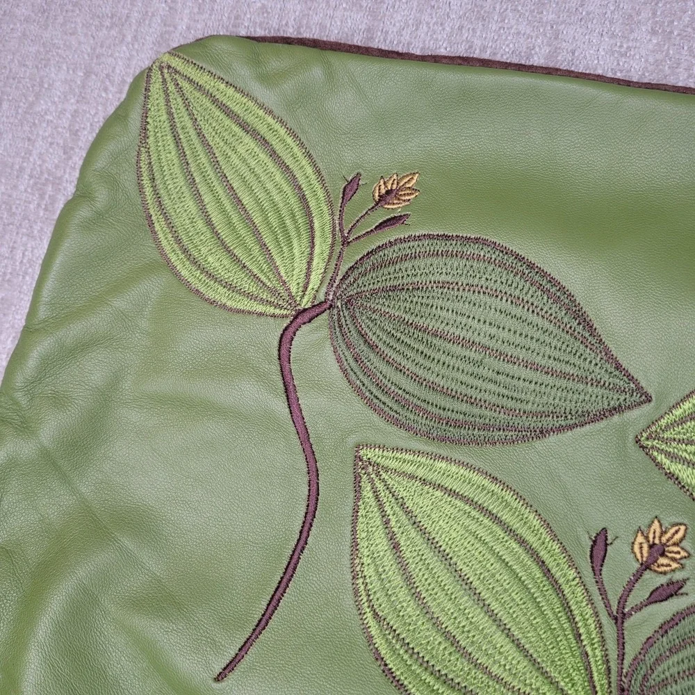 R & Y Augousti Paris Leather &‎ Suede Floral Green Brown 15x15 Throw Pillow RARE